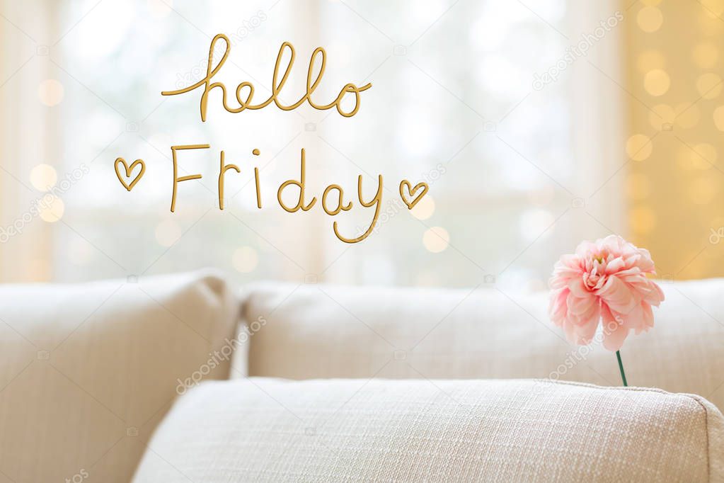 Hello Friday message with flower in interior room sofa