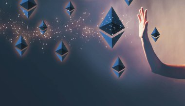 Karanlık bir arka plan bir el ile Ethereum