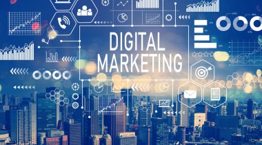 Hava şehir silueti manzarasına sahip dijital pazarlama