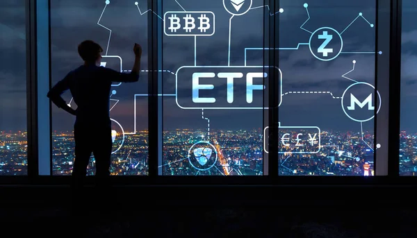 밤에 큰 창에 의해 남자와 Cryptocurrency Etf 테마 — 스톡 사진