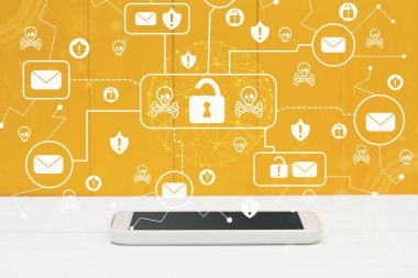 E-posta virüs ve aldatmaca tema ile smartphone sarı ahşap zemin üzerine