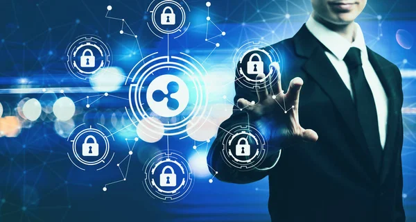 Wellen Kryptowährung Sicherheitsthema mit Geschäftsmann auf blau li — Stockfoto