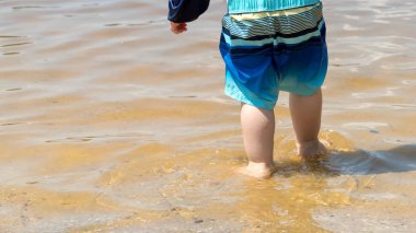 Bir yaz gününde bir göl oynayan yürümeye başlayan çocuk