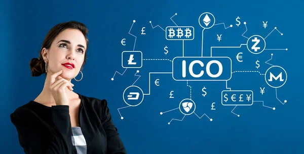 Tema criptovaluta ICO con donna d'affari — Foto Stock