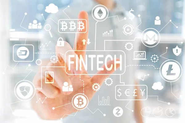 Cryptocurrency Fintech Tema med ung mand - Stock-foto