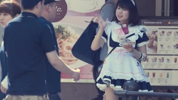 Kobieta sprzedaje klientom maid café w Akihabara. — Wideo stockowe