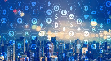 Hava şehir silueti manzarasına sahip cryptocurrency Tema