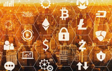 Cryptocurrency tema ile Ny Skyline havadan görünümü