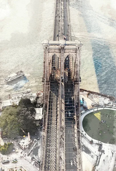 Эскиз Бруклинского моста через Ист-Ривер в Нью-Йорке — стоковое фото