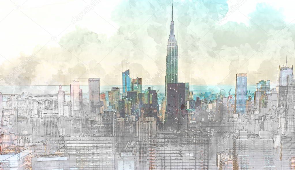 Sketch of the Manhattan skyline cityscape