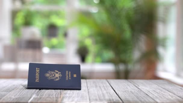USA paspoort landing op een bureau — Stockvideo