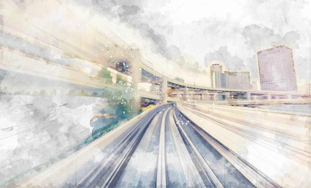 POV sketch of a train line moving through the city