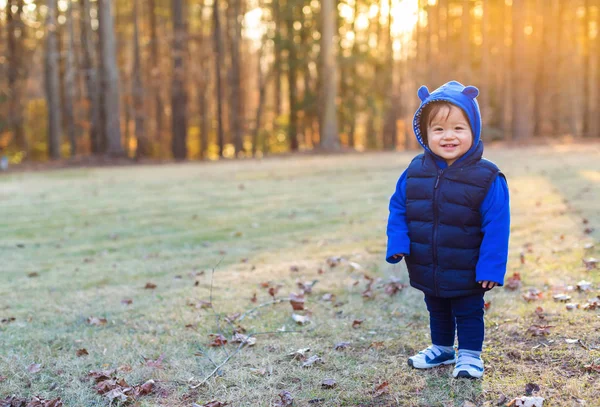 Bambino ragazzo che gioca fuori in autunno — Foto Stock