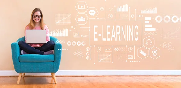E-learning met vrouw met behulp van een laptop — Stockfoto