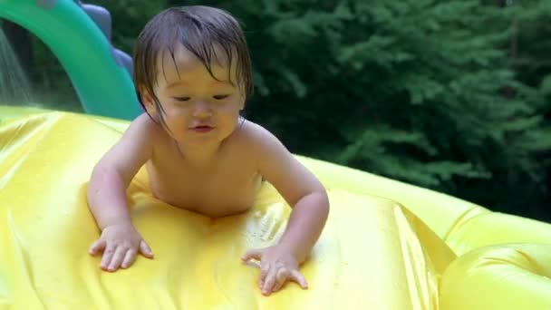 Happy toddler playing in his backyard pool — Stock Video