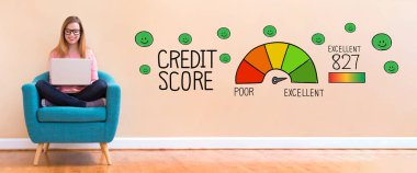 Excellent credit score with woman using a laptop clipart