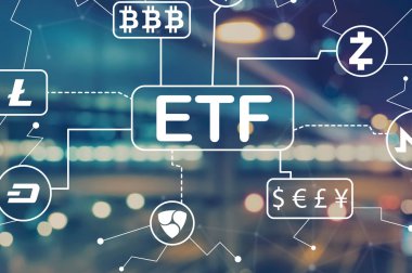 Cryptocurrency ETF theme with blurred city lights clipart