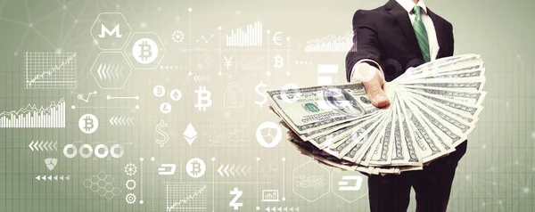 Cryptocurrency with business man with cash — Stock Photo, Image