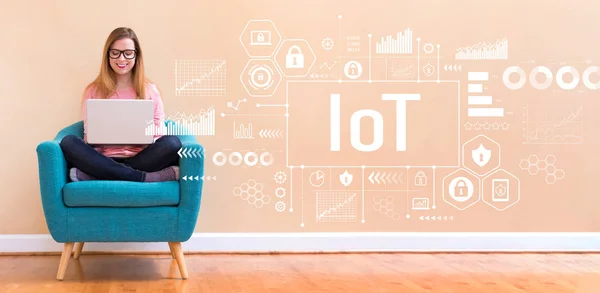 IoT con la mujer usando un ordenador portátil —  Fotos de Stock