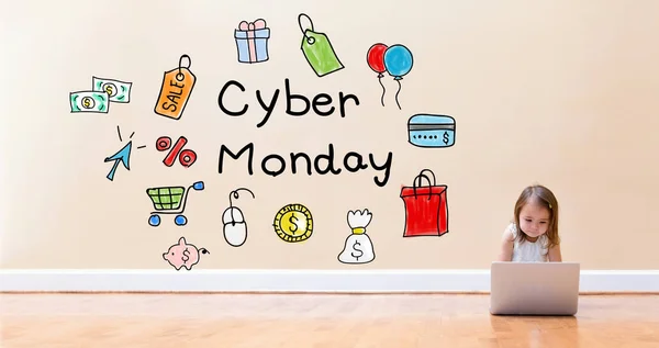 Cyber Monday texto con niña usando un ordenador portátil — Foto de Stock