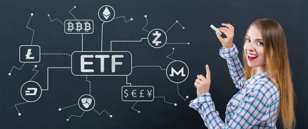 Cryptocurrency ETF theme with young woman — Stock Photo, Image