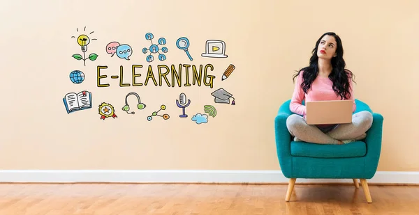 E-Learning με τη γυναίκα χρησιμοποιώντας ένα φορητό υπολογιστή — Φωτογραφία Αρχείου