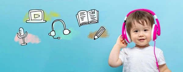 E-Learning illustration with toddler boy with headphones