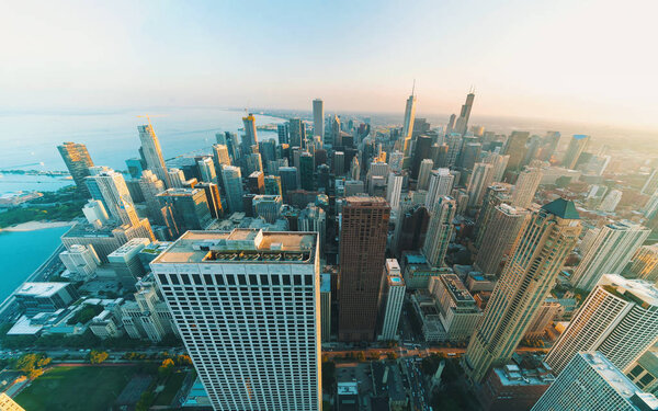 Chicago cityscape skyline at sunset aerial view