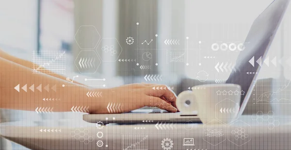 Technology screen with grid with woman using a laptop — Stock Photo, Image