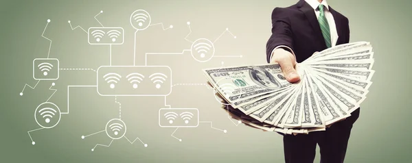 WiFi met zakenman met contant geld — Stockfoto