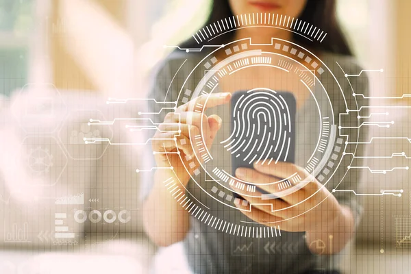 Fingerprint scanning theme  with woman using a smartphone — Stock Photo, Image
