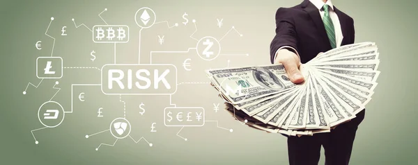 Cryptocurrency ICO risk theme with business man with cash — Stock Photo, Image