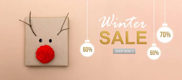 Winter sale message with a reindeer gift box — Stok Foto