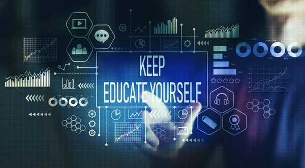 Keep Educate Yourself Young Man Pointing Dark Background — Stock Photo, Image