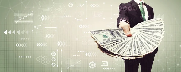 Het scherm van de pijl van de technologie met zakenman met contant geld — Stockfoto