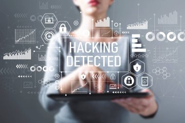 Hacking detected with woman using a tablet clipart