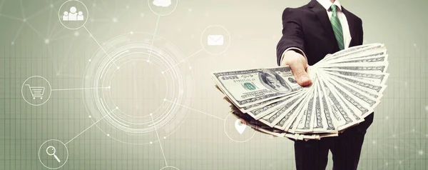 Virtual icons with business man with cash — Stock Photo, Image
