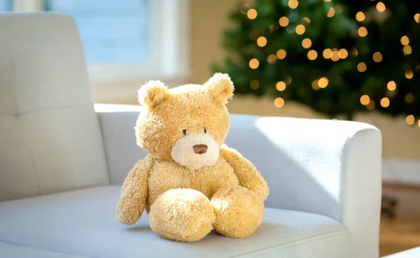 Osito de peluche en un sofá alrededor de Navidad — Foto de Stock