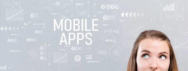 Mobile apps with young woman — Stock Photo, Image