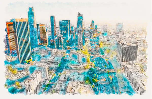 Vista aérea de un centro de Los Ángeles al atardecer —  Fotos de Stock