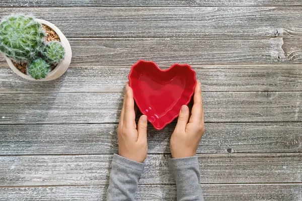 Persona che tiene piatto a forma di cuore — Foto Stock