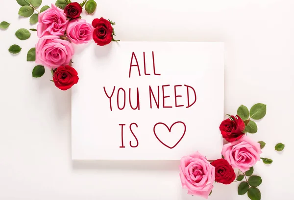 All You Need Is Love meddelande med rosor och blad — Stockfoto