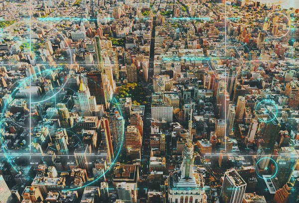 Vista aérea de Nueva York con tema de tecología — Foto de Stock