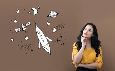 Uzay ve roket genç iş kadını ile hayal