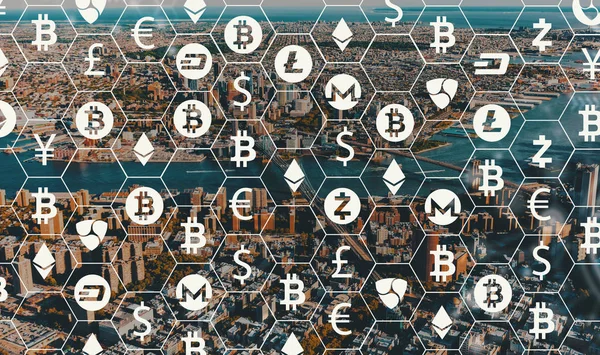 Cryptocurrency met luchtfoto van de skyline van Ny — Stockfoto