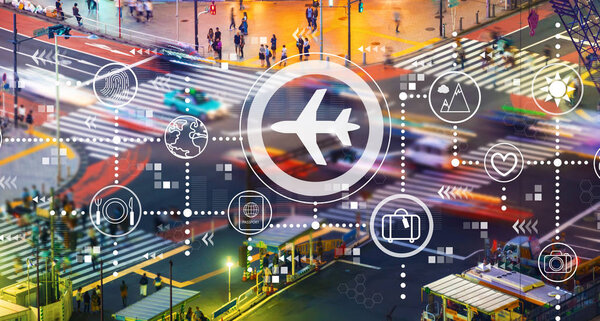 Airplane travel theme with city traffic intersection