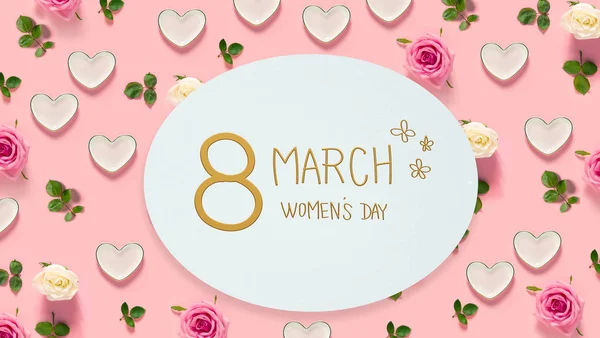 Mensaje del Día de la Mujer con rosas y corazones —  Fotos de Stock