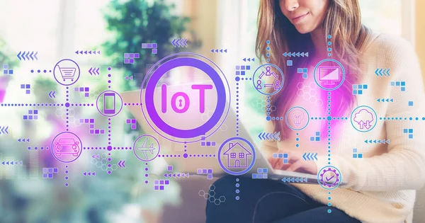 IoT θέμα με τη γυναίκα χρησιμοποιώντας ένα φορητό υπολογιστή — Φωτογραφία Αρχείου