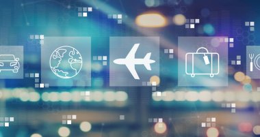 Uçak seyahat tema ile şehir ışıkları bulanık