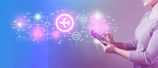 Airplane travel theme with woman using a tablet — Stock Photo, Image